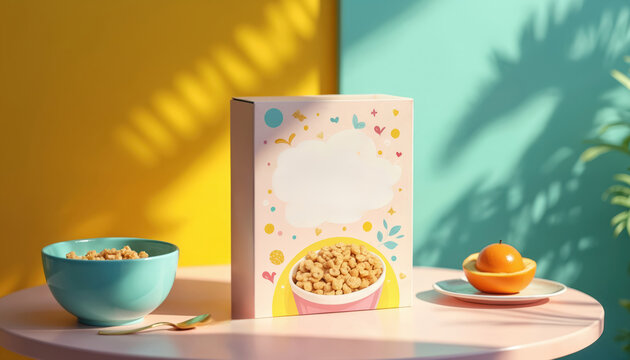 Cereal box with fun design sits on table by bowl of flakes and orange slice. Morning breakfast scene with bright light casting shadows. Copy space available on package.