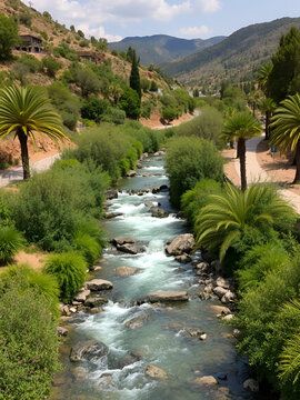 The river Amal flows through the kibbutz Nir David in the valley of Beit Shean. Israel. Nir David Country Lodge. Israel