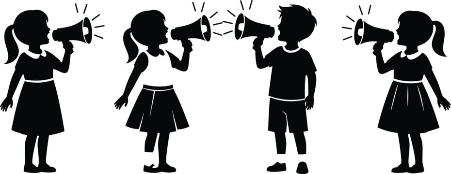 Black silhouettes of young children and students shouting into megaphones and bullhorns for protest or announcement isolated on a clean white background background