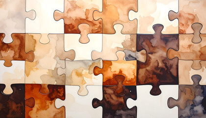 A close up image of colorful jigsaw puzzle pieces in brown and beige tones arranged in a grid on white background generative AI
