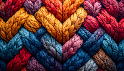 A vibrant close up of woven fabric featuring colorful yarn in a zigzag pattern with red orange yellow blue and green generative AI