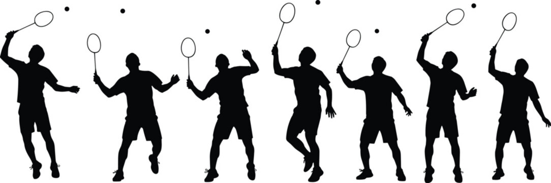 Collection of black silhouettes featuring male badminton players in various action poses hitting a shuttlecock with rackets isolated on a white background for sports.
