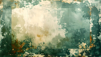 Grungy abstract background with a rectangular grid pattern in green and beige tones featuring rough textures cracks and a vintage feel generative AI