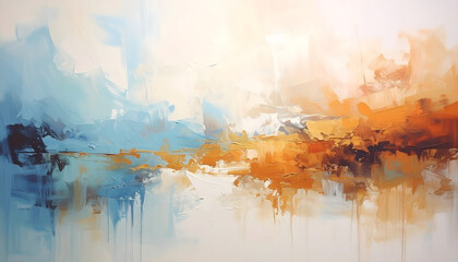 An abstract painting featuring a textured white background with blended blue orange and brown tones creates a serene and earthy atmosphere generative AI