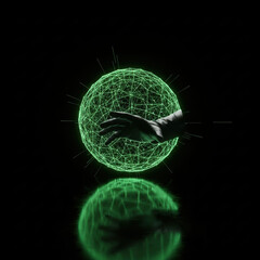 Glowing green network sphere with hand reaching out in dark space
