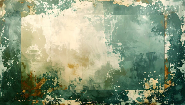 Grungy abstract background with a rectangular grid pattern in green and beige tones featuring rough textures cracks and a vintage feel generative AI