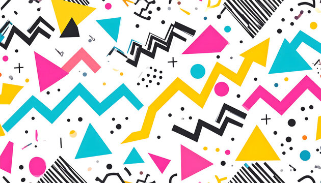 Colorful eighties Memphis pattern background features vibrant zigzag lines dots and triangles in bold pop art colors creating a dynamic vibe generative AI