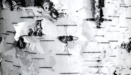 Abstract close up of birch tree bark featuring black and white graphic patterns with rough textures and a natural contrast generative AI