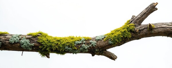 Fototapeta premium Dry tree branch with vibrant green moss and grey lichen grows on a white background. Natural detail shot highlights organic textures and forest life.