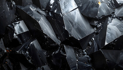 Background of black obsidian fragments with sharp shiny edges and reflective surfaces creating a dark noble and sophisticated aesthetic look generative AI