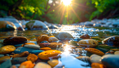 Smooth colorful pebbles in a clear stream bed feature light refraction from gentle water ripples creating an organic calming scene generative AI