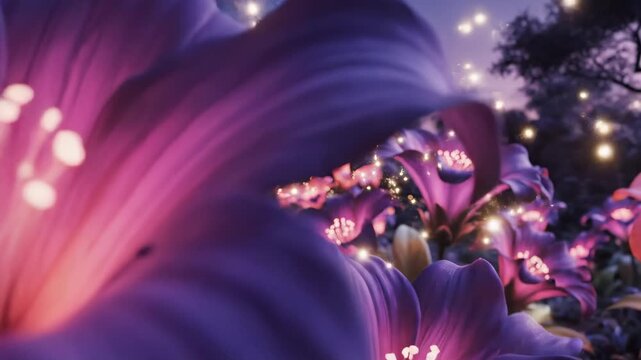 Glowing fantasy garden with purple and pink flowers at night, magical nature scene with pixie dust for enchanted storybook animation