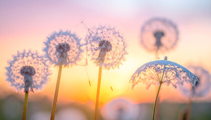 Macro shot of dandelion seeds with filigree white umbrellas against a pastel sunset background creating an airy and light atmosphere generative AI