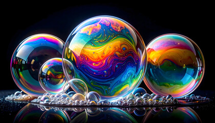 Vibrant colorful soap bubbles in various sizes and shapes create a rainbow effect on a solid black background for cheerful contrast generative AI