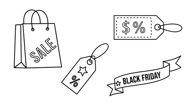 Black Friday Sale Icons: Shopping Bag, Discount Tags, Ribbon Banner