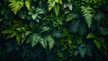 Close up of a dense wall covered in various lush green ferns creating a tropical atmosphere with deep textures and shadows generative AI