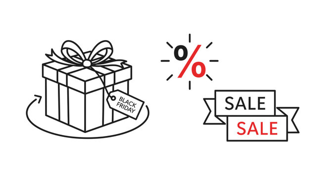 Black Friday Sale Gift Box with Percentage Discount and Sale Ribbons