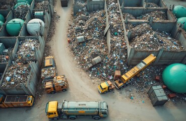 Aerial view of waste sorting facility. Trucks unload refuse into huge concrete bays filled with trash. Recycling and disposal operations are underway.