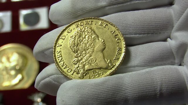 Portuguese gold coin minted in Bahia, Brazil, during the reign of King John V.