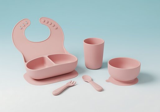 Pink baby tableware set including bib bowl cup and utensils for eating  baby products  feeding essentials  nursery  child care