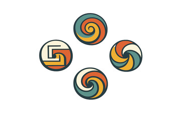 A set of four circular emblems with abstract spiral and wave designs in a vintage color palette of teal, orange, and yellow, positioned in a diamond layout on a black backdrop.