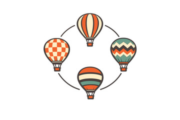 Obraz premium Four stylized hot air balloons with unique patterns are arranged in a circle on a black background. The illustration uses a retro color palette of orange, cream, and teal tones.