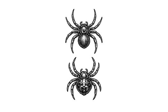 Detailed black and white woodcut style illustrations of two spiders on a black background. One spider has a natural pattern while the other features a gothic skull design on its back.