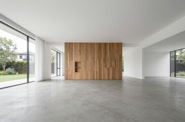 Obraz premium Minimalist Modern Interior Design: Empty Room with Wooden Wall, Concrete Floor, and Natural Light from Large Windows