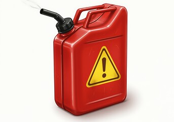Red gas can with yellow warning sign on white background  metal container for fuel storage and transportation