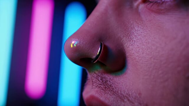 Close-up of a man's nose with a ring in the nasal septum against a background of neon lights. Piercing jewelry for body modification.