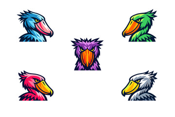 Obraz premium Five vibrant shoebill stork head illustrations in a mascot style, featuring blue, green, purple, pink, and white variations with aggressive expressions on a black backdrop.