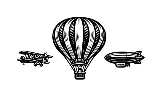 White line art illustrations of a vintage biplane, a hot air balloon, and a zeppelin dirigible arranged on a solid black background. A minimalist set of early aviation icons.
