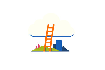 Naklejka premium This flat design illustration shows an orange ladder reaching up to a large white cloud from a colorful abstract landscape, symbolizing growth and ambition on a dark background.
