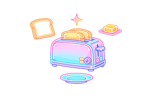 A colorful neon illustration of a kitchen toaster with bread slices, a pat of butter, and a plate. The glowing artwork features pink and blue gradients against a solid black background.