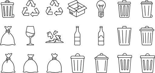 Waste Management and Recycling Line Icon Set with Trash Bins, Garbage Bags, Bottles, Cardboard Boxes, and Environmental Disposal Symbols for Web and App Design