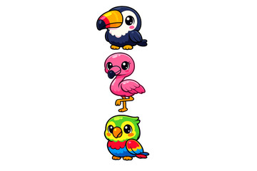Fototapeta premium Three cute cartoon birds including a toucan, a pink flamingo, and a colorful parrot are vertically aligned against a solid black background. The birds feature large eyes and vibrant colors.