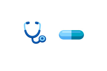 This minimalist illustration features a blue stethoscope and a blue capsule pill on a black background. It represents medical care, pharmacy services, and general healthcare concepts.