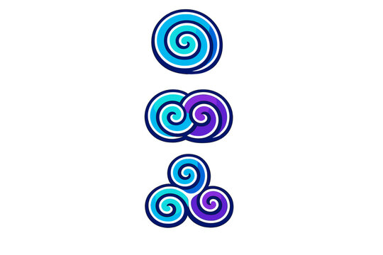 Three stylized spiral icons in blue and purple shades are displayed on a black background. The set includes a single spiral, a double interlocking spiral, and a triple triskelion design.
