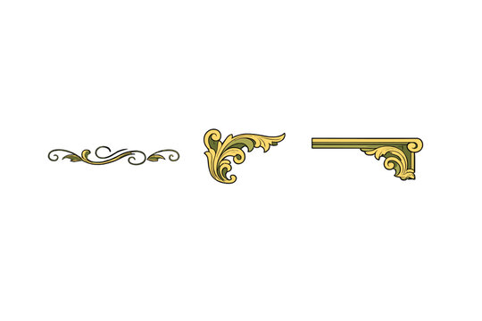 Three elegant gold and green decorative scrollwork elements are displayed against a solid black background. These classical ornaments include a divider and two corner flourishes.
