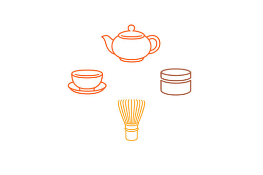 A set of four orange line art icons representing a traditional tea ceremony, including a teapot, a teacup on a saucer, a small jar, and a bamboo matcha whisk on a black background.