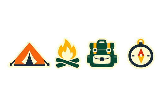 A set of four camping icons including an orange tent, a campfire, a green backpack, and a compass, all designed in a flat sticker style against a solid black background.