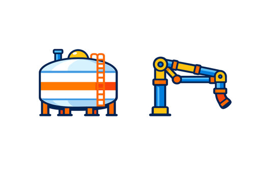 A flat vector illustration featuring an industrial storage tank with a ladder and a mechanical loading arm, both depicted in blue and orange on a black background.