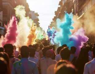 a massive crowd of silhouetted people celebrating the holi festival in a sunlit city street, with multiple towering explosions of vibrant, multicolored powder clouds filling the air