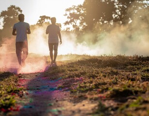 two young men walking through a rural field during holi, surrounded by sunlit mist and colorful powder. a peaceful, atmospheric celebration of the indian festival of colors in nature