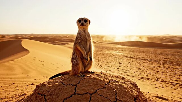 Meerkat Stands Sentinel Atop Desert Mound Under Golden Sun
