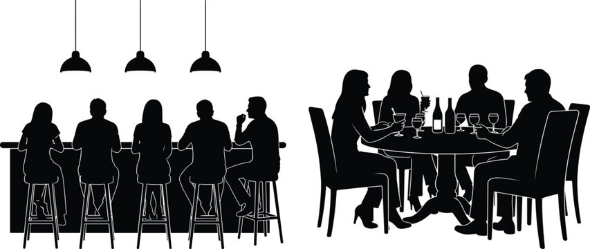 Black silhouette set of people sitting at bar counter and dining at restaurant table, isolated on white background for hospitality.