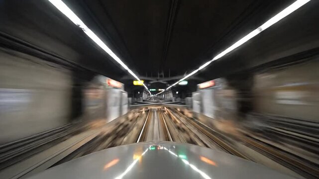 Dynamic point of view timelapse journey through a lit metro subway tunnel in Seoul, showcasing rapid transit speed and underground urban transport motion in a futuristic city infrastructure.