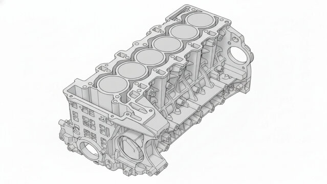 Inline 6 Cylinder Engine Block CAD Engineering Technical Illustration on White Background