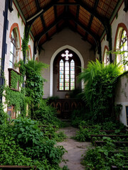 Abandoned church with overgrown vegetation, showcasing the contrast between architecture and nature in a forgotten space.