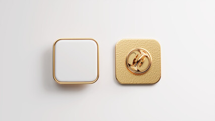Pair of enamel pin. Empty enamel pin mockup - Blank square white gold lapel badge mock up. 3d illustration
